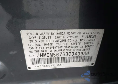 2003 Honda Accord 2.4 Ex from USA, damaged, VIN JHMCM56763C040930